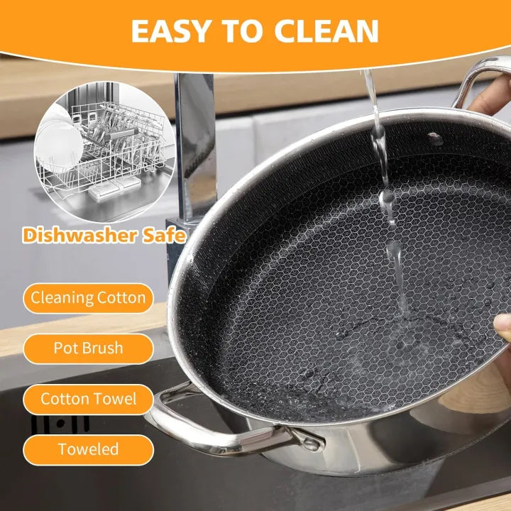 Flat Bottom Double Sided Laser Coated Honeycomb Layer Frying Pan With Lid & Dual Handle