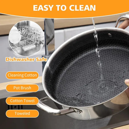 Flat Bottom Double Sided Laser Coated Honeycomb Layer Frying Pan With Lid & Dual Handle