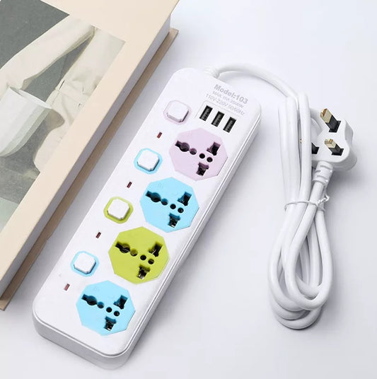 Random Color - Multipurposed 2 Meter Cable Universal 3-Pin Sockets Charging Extension Wired Cord With 3 USB Ports