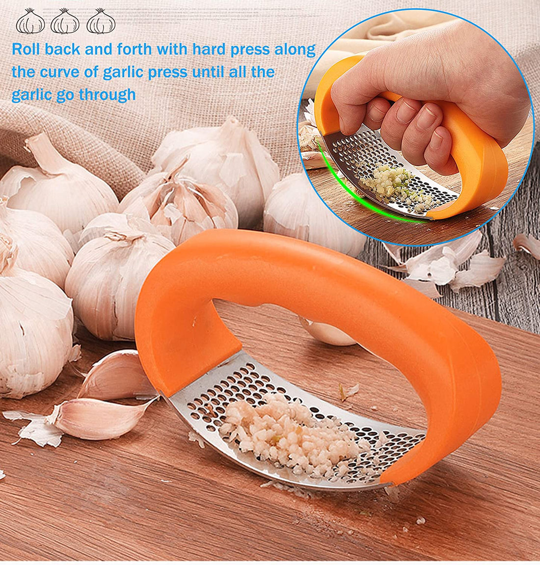 A stainless steel hand presser crushing garlic cloves, demonstrating its sturdy build and ergonomic handle designed for easy garlic and ginger mincing.