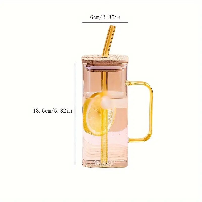 400ml Square Glass Mug With Handle, Straw & Wooden Lid