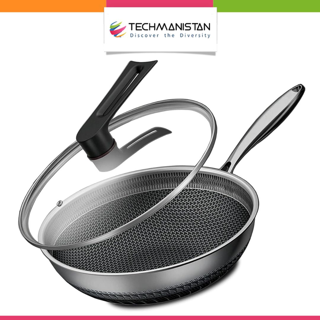 Double Sided Honeycomb Print Laser Coated Wok With Handle & Lid Techmanistan