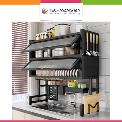 Over Sink Dish Drying Rack with Dust-Proof Cabinet Doors Techmanistan
