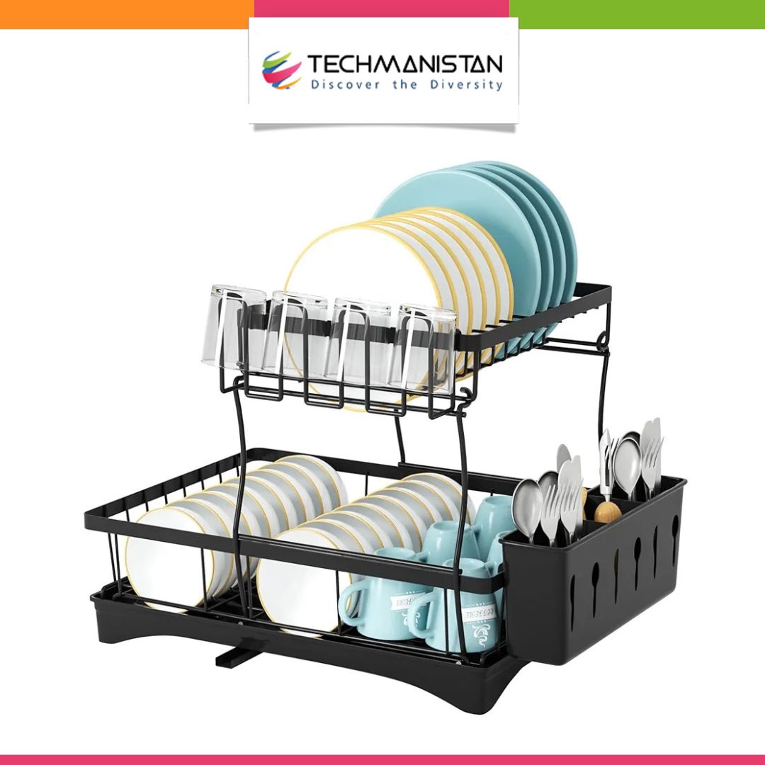 Dish Drainer Rack with Drip Tray & Utensil Holder Techmanistan