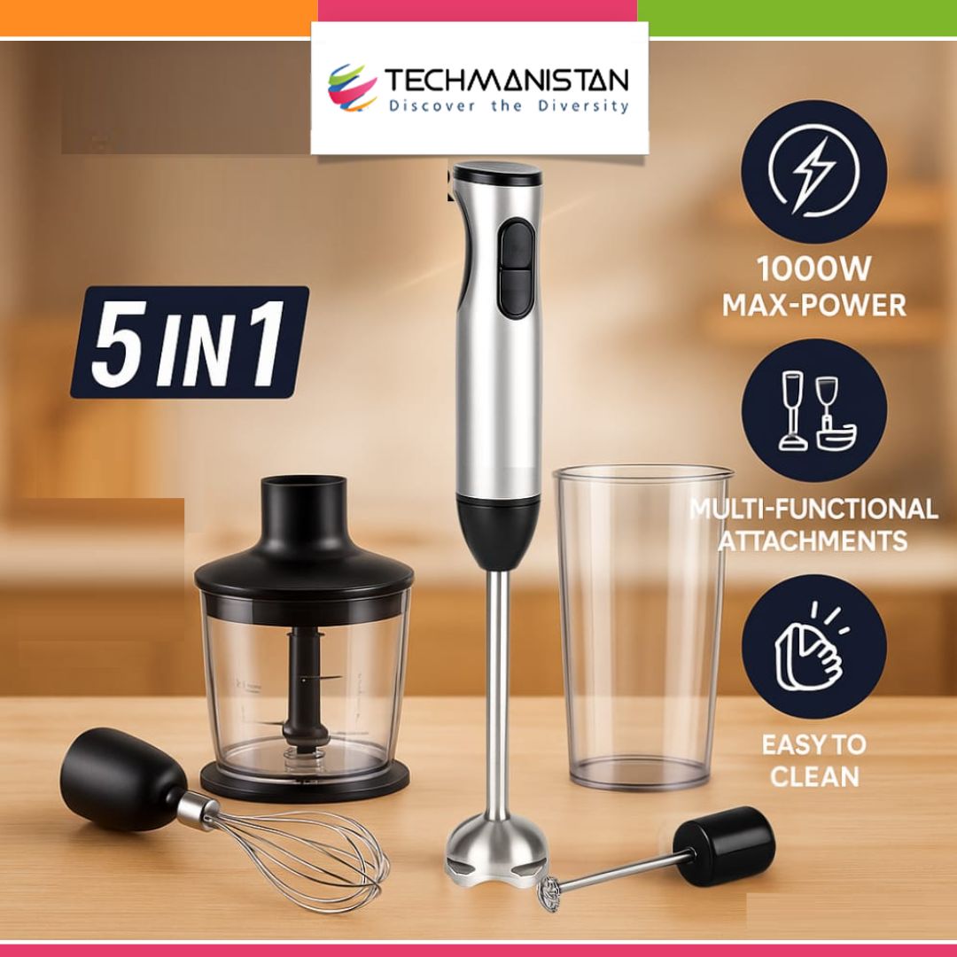 1000W Stick Blender with Mixing Beaker, Chopper, Egg Whisk, Milk/Smoothie Techmanistan