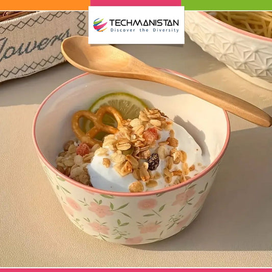 1Piece - Pink Floral Ceramic Bowl Techmanistan