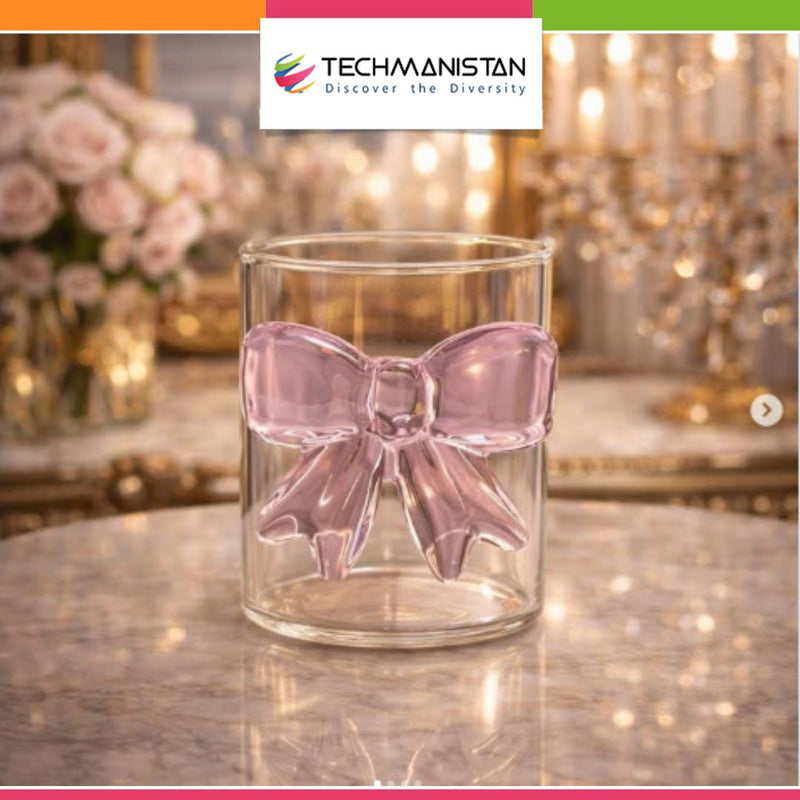 1Pc - Clear Glass Cup with Pink Bow Design