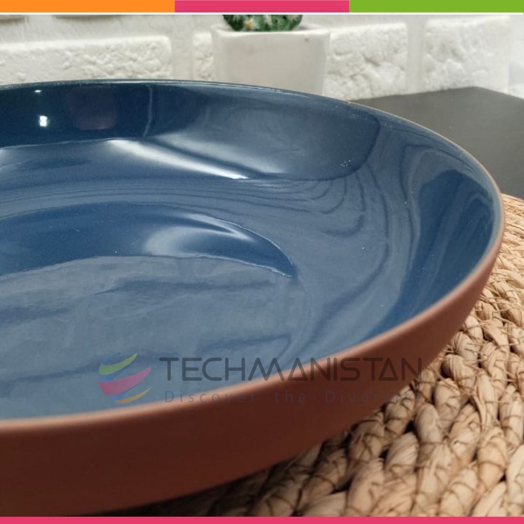 8.5-inch Blue & Terracotta Ceramic Deep \Serving Plate