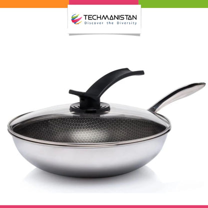 Single Handle Laser Coated Honeycomb Print Nonstick Wok With Lid