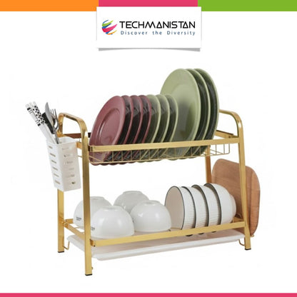 2-Tier Gold Dish Drying Rack with Utensil Holder & Drain Tray