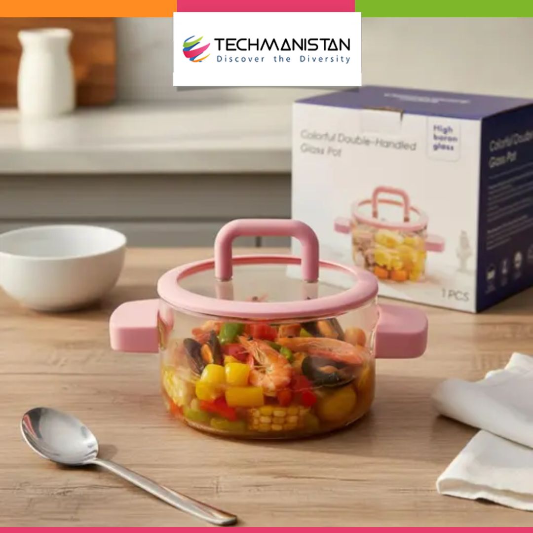 Heat Resistant Clear Glass Pot with Lid & Fire Proof Handles