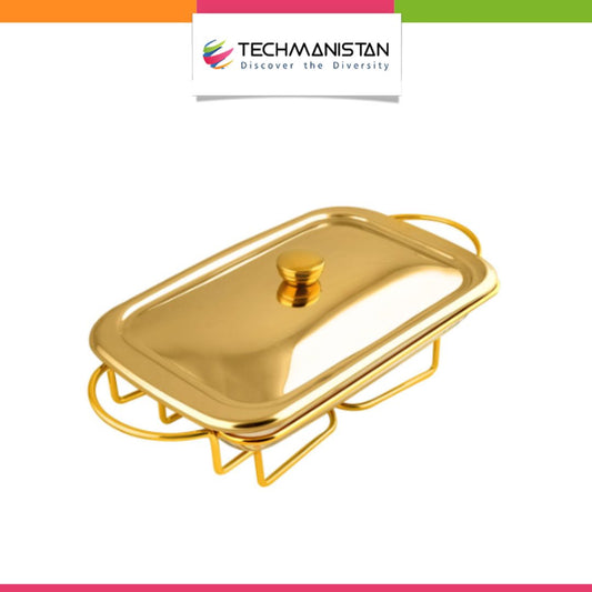 Rectangular Buffet Food Warmer Serving Glass Dish with Golden Lid - 2 Liters