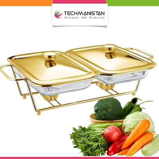 2 Grid Buffet Food Warmer Glass Serving Dish with Golden Lid