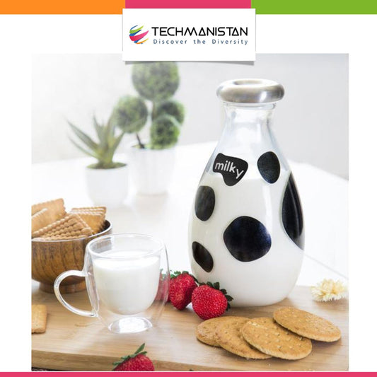 1000ml Cow Pattern Glass Milk Bottle with Steel Lid