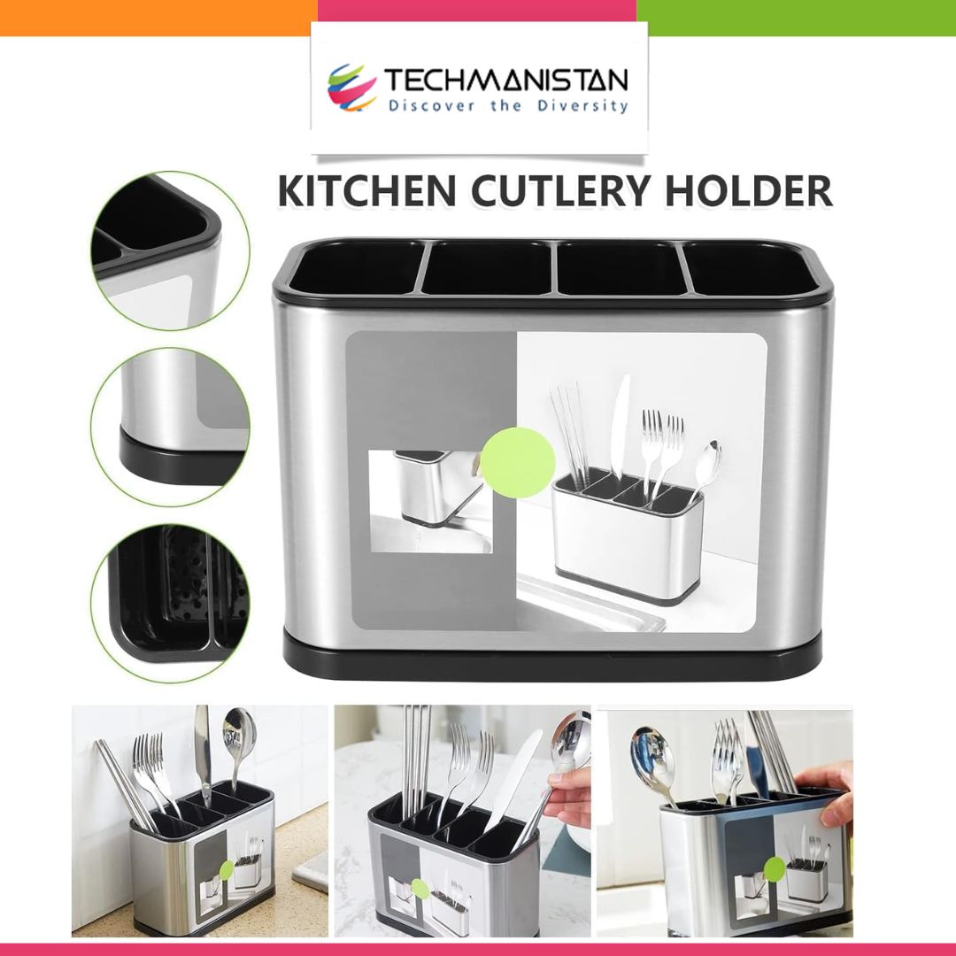 4 Compartment Cutlery Holder with Draining Tray