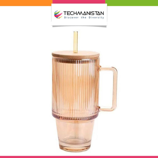 Ribbed Glass Tumbler with Handle, Straw & Bamboo Lid
