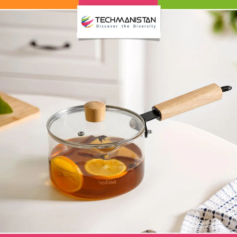 Glass Pot With Long Wooden Handle & Glass Lid
