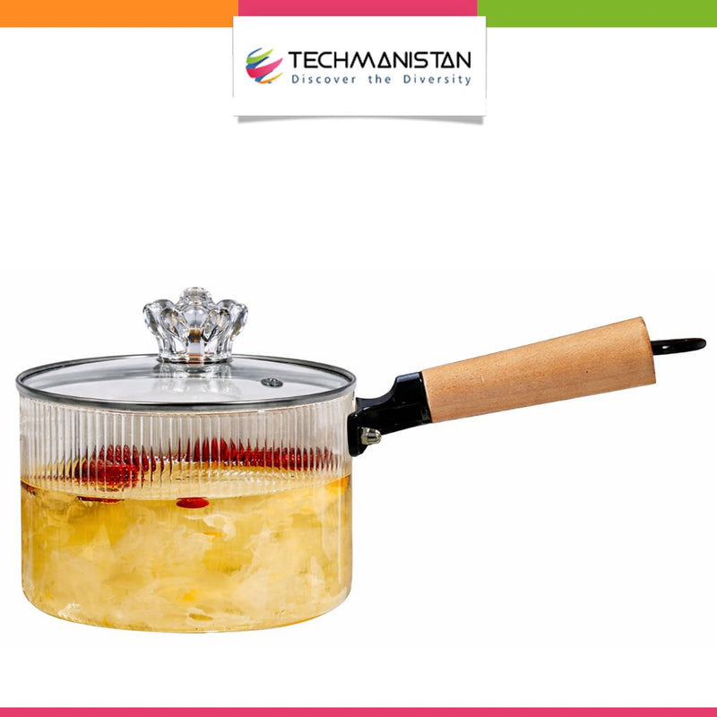 Stripped Glass Pot With Long Wooden Handle & Glass Lid