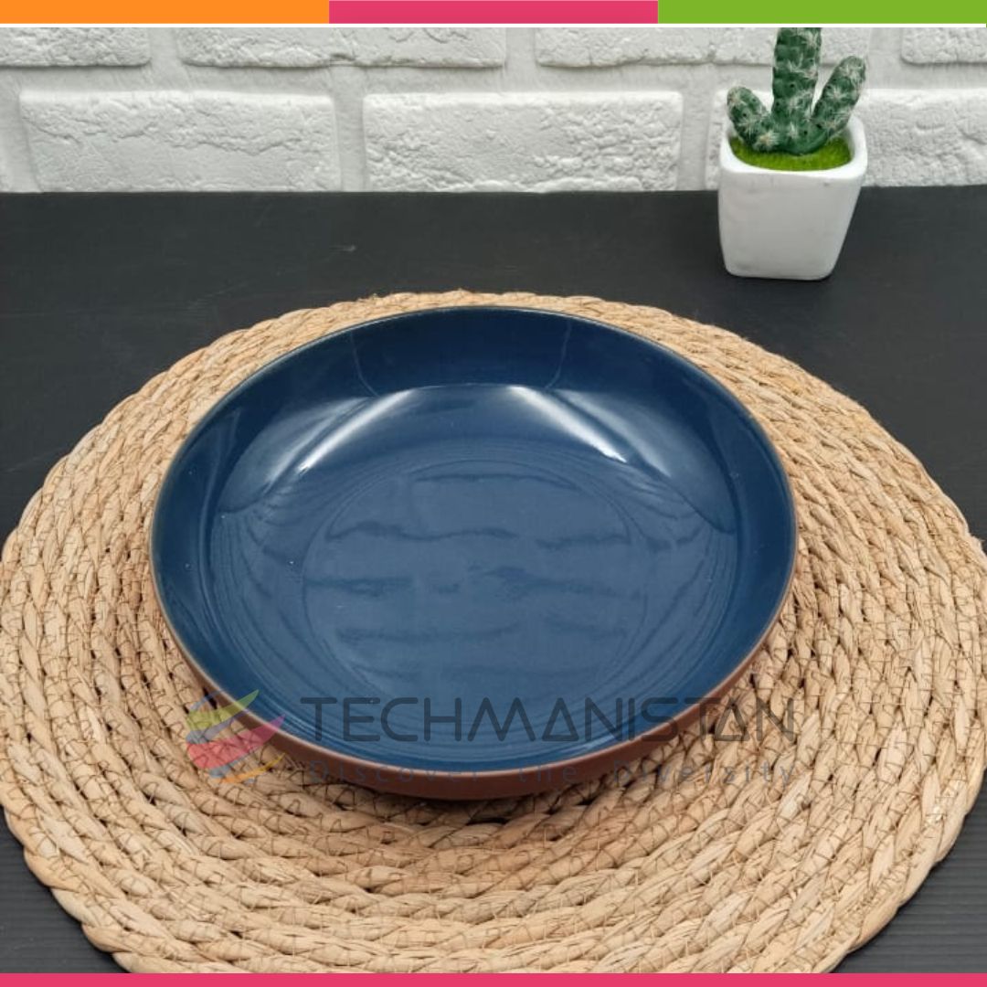 8.5-inch Blue & Terracotta Ceramic Deep \Serving Plate