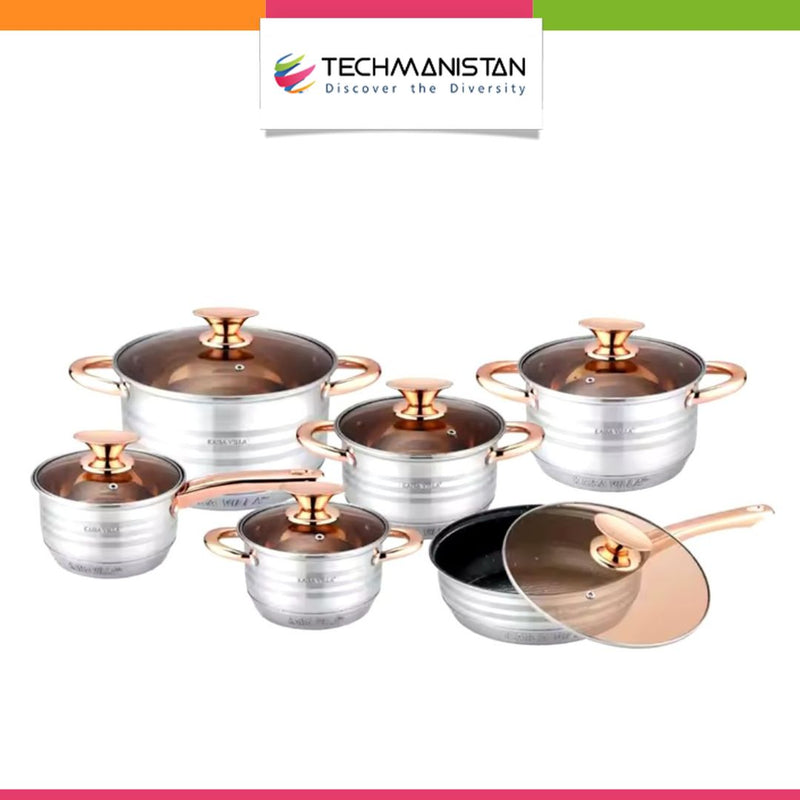 12-Piece Classic Stainless Steel Golden Handles Cookware Set