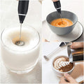 2-in-1 Electric Milk Frother and Egg Beater with stainless steel whisks and USB charging cable, shown on a kitchen counter.