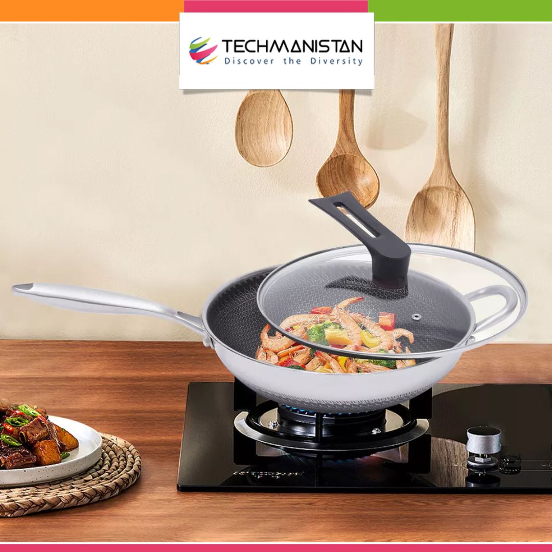Double Sided Laser Coated Wok Karahi With Tempered Glass Lid - Techmanistan in Pakistan