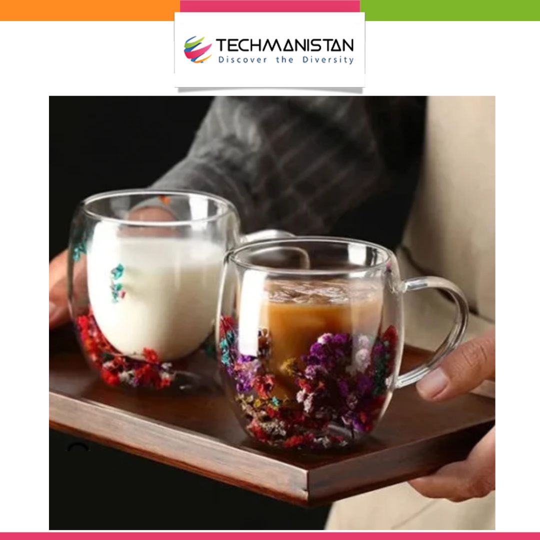 Double Wall Glass Mug with Dry Flowers - Techmanistan in Pakistan