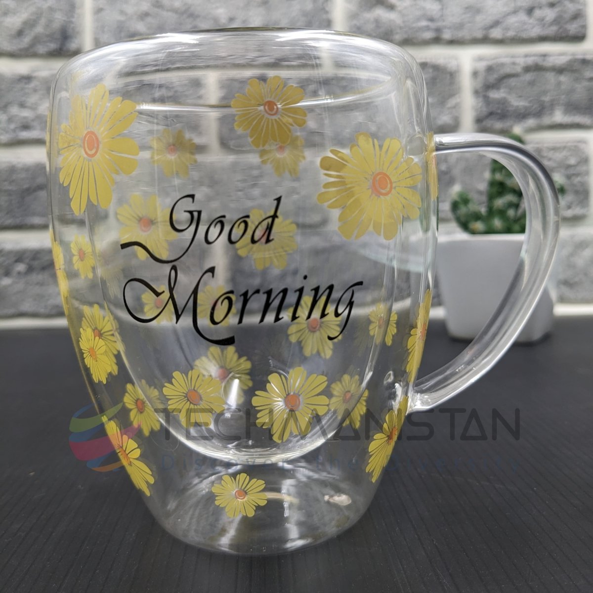 Double Wall Glass Mug with Flower Print - Techmanistan in Pakistan