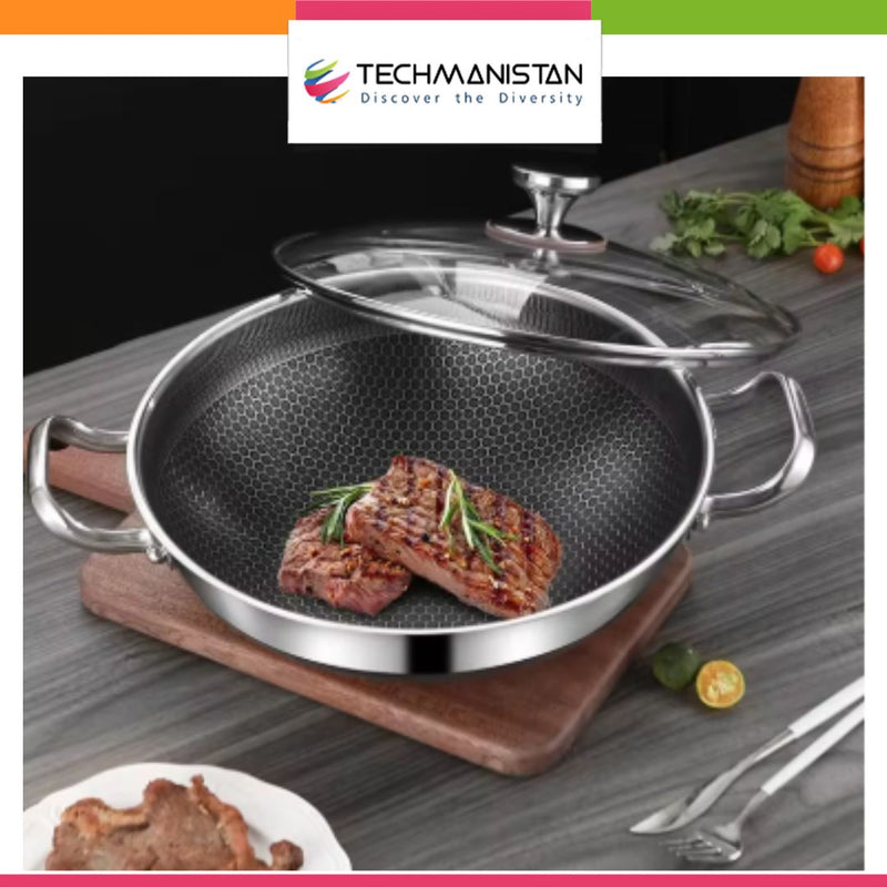 Honeycomb Laser Coated Wok With Lid – Dual Handle Stainless Steel Karahi
