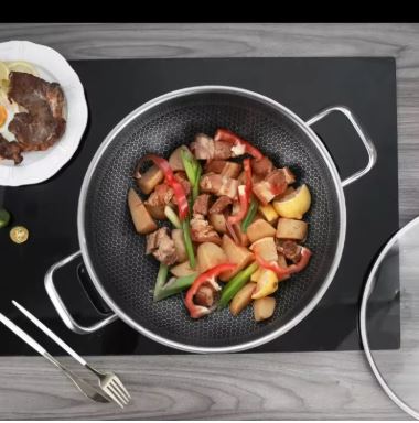 Dual Handles Honeycomb Laser Coated Wok With Lid, Karahi - Techmanistan in Pakistan
