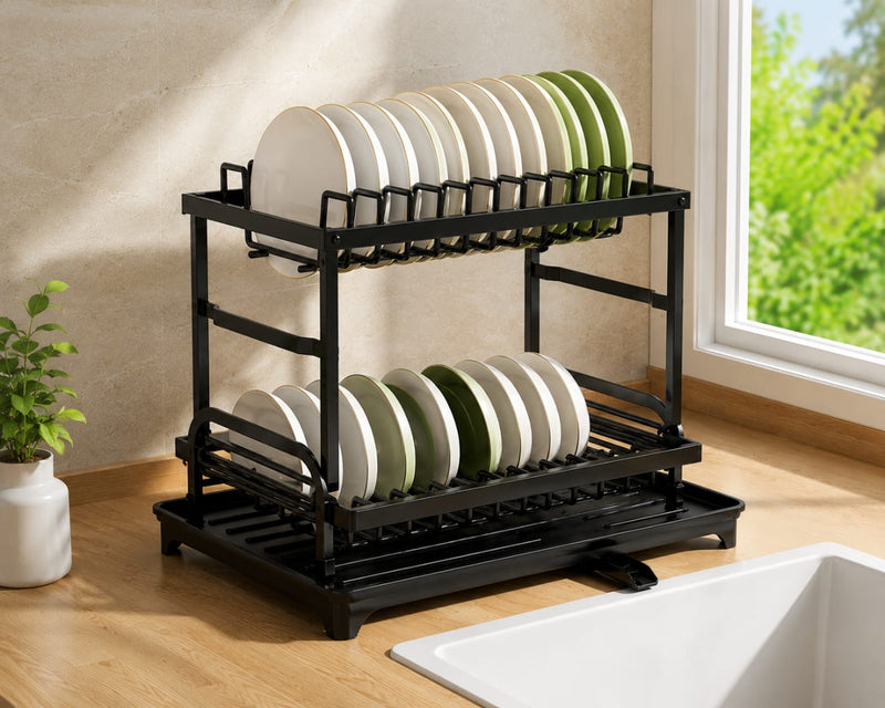 Large Capacity 2 Layer Dish Drying Rack with Water Drain Tray – Black