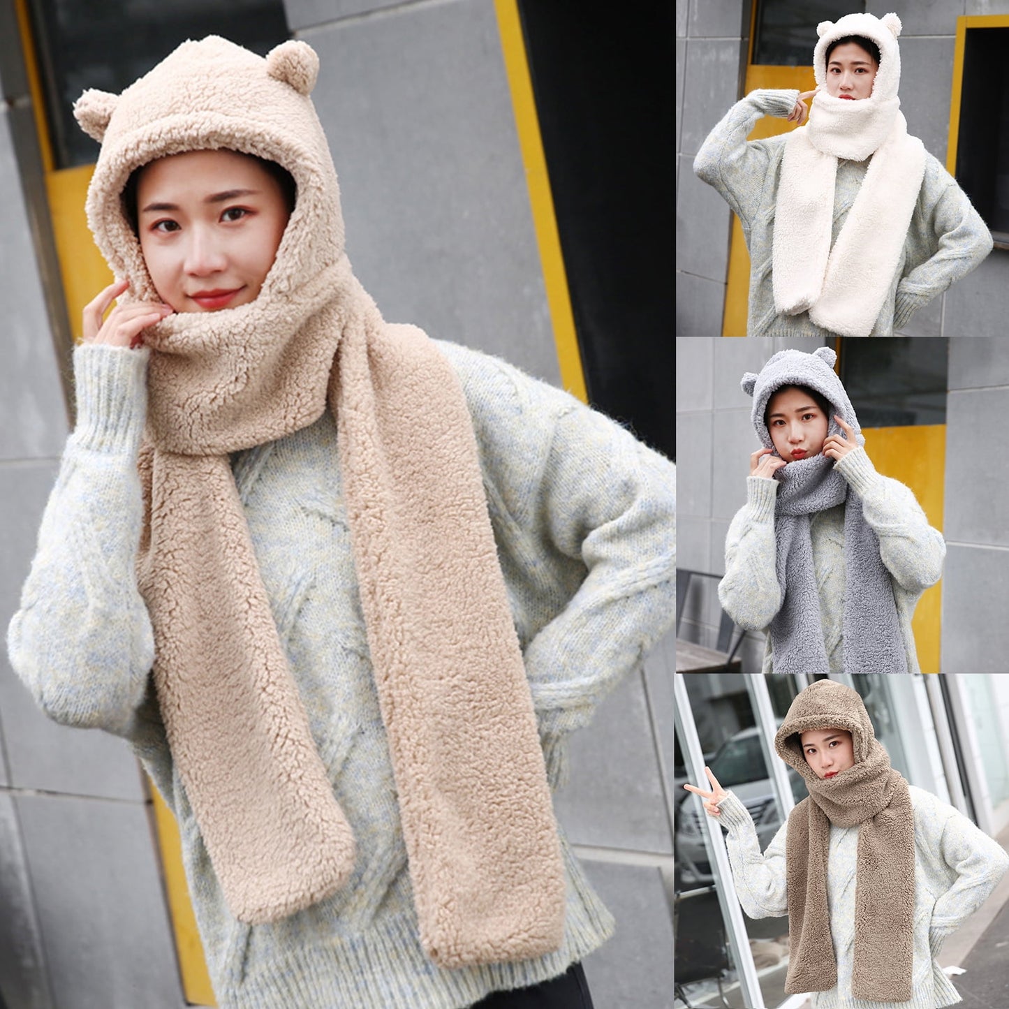 Winter Faux Fur Plush Hood Hat Scarf and Gloves Mittens Long Hooded Shawl