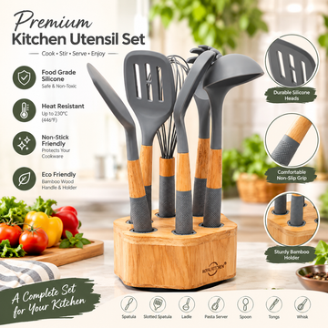 7-Piece Kitchen Spoon Set with Wooden Base