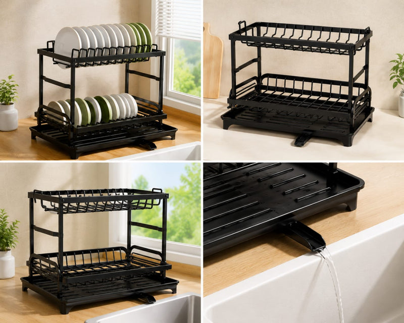 Large Capacity 2 Layer Dish Drying Rack with Water Drain Tray – Black