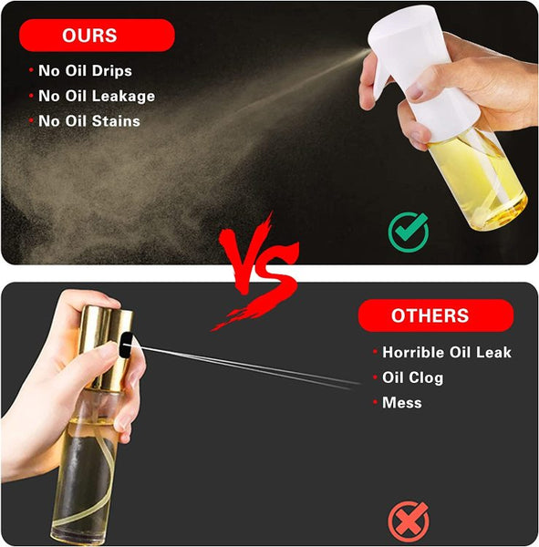 The image compares two oil spray bottles. The top one labeled "OURS" shows a fine mist spray with benefits: no oil drips, no leakage, and no stains. The bottom one labeled "OTHERS" shows a stream with issues: horrible oil leak, clog, and mess. Ideal for use with Techmanistan Air Fryer Disposable Paper Liner and Oil Sprayer Bottle to keep things clean!