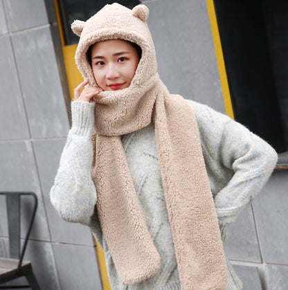 Winter Faux Fur Plush Hood Hat Scarf and Gloves Mittens Long Hooded Shawl