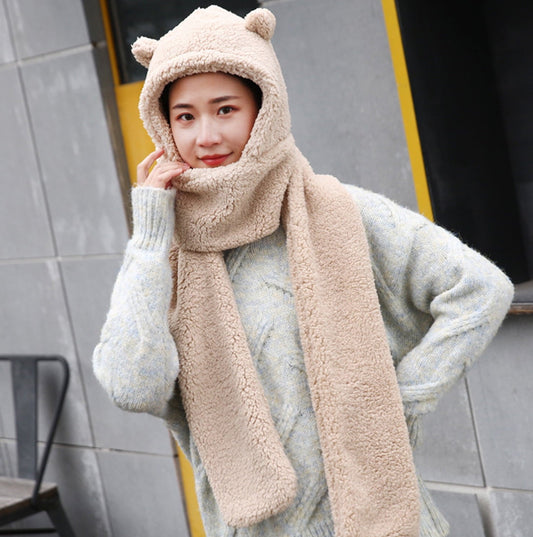 Winter Faux Fur Plush Hood Hat Scarf and Gloves Mittens Long Hooded Shawl