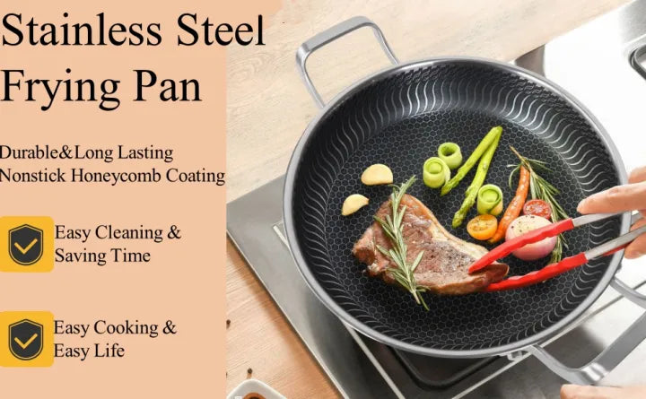 Flat Bottom Double Sided Laser Coated Honeycomb Layer Frying Pan With Lid & Dual Handle