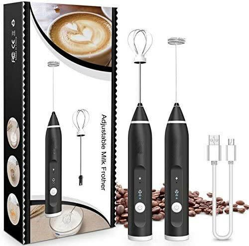 2-in-1 Electric Milk Frother and Egg Beater with stainless steel whisks and USB charging cable, shown on a kitchen counter.