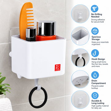 Wall-Mounted Bathroom Organizer with Drainage and Hook