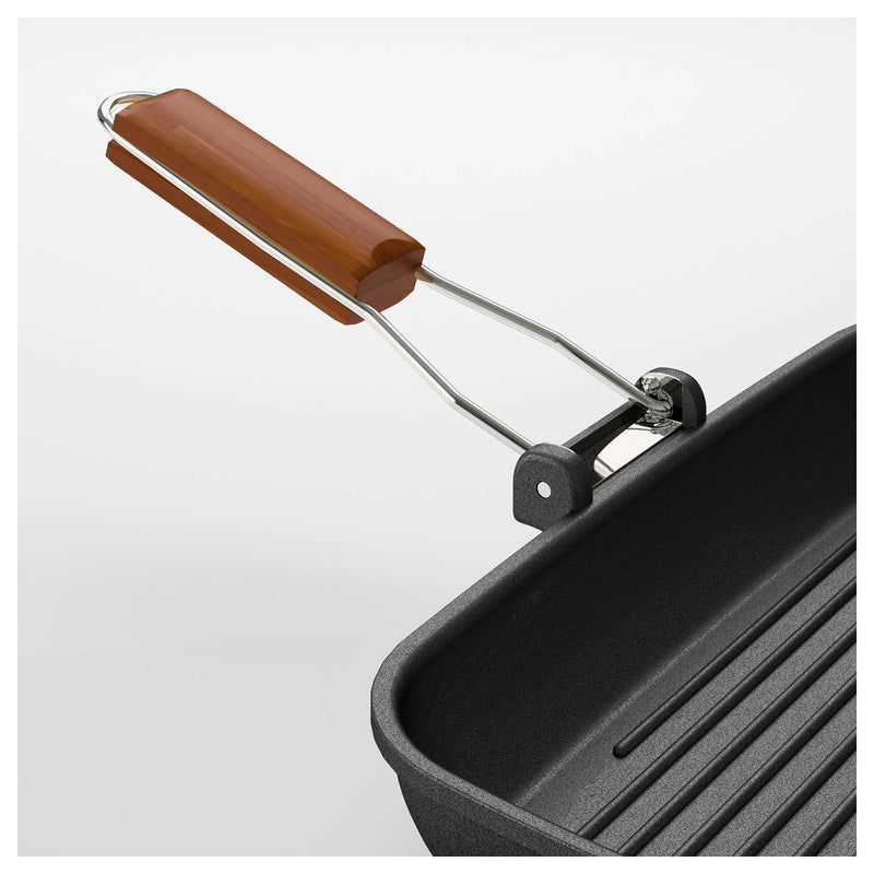 Non-Stick Square Grill Pan With Foldable Wooden Handle