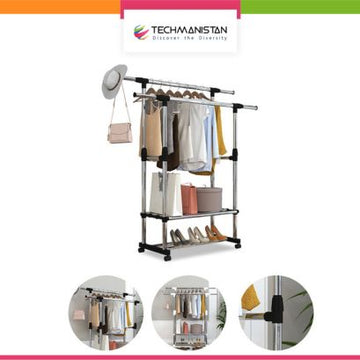 Stainless Steel Double-Pole Adjustable Clothes Hanger With Shoe Rack & 1 Sheet