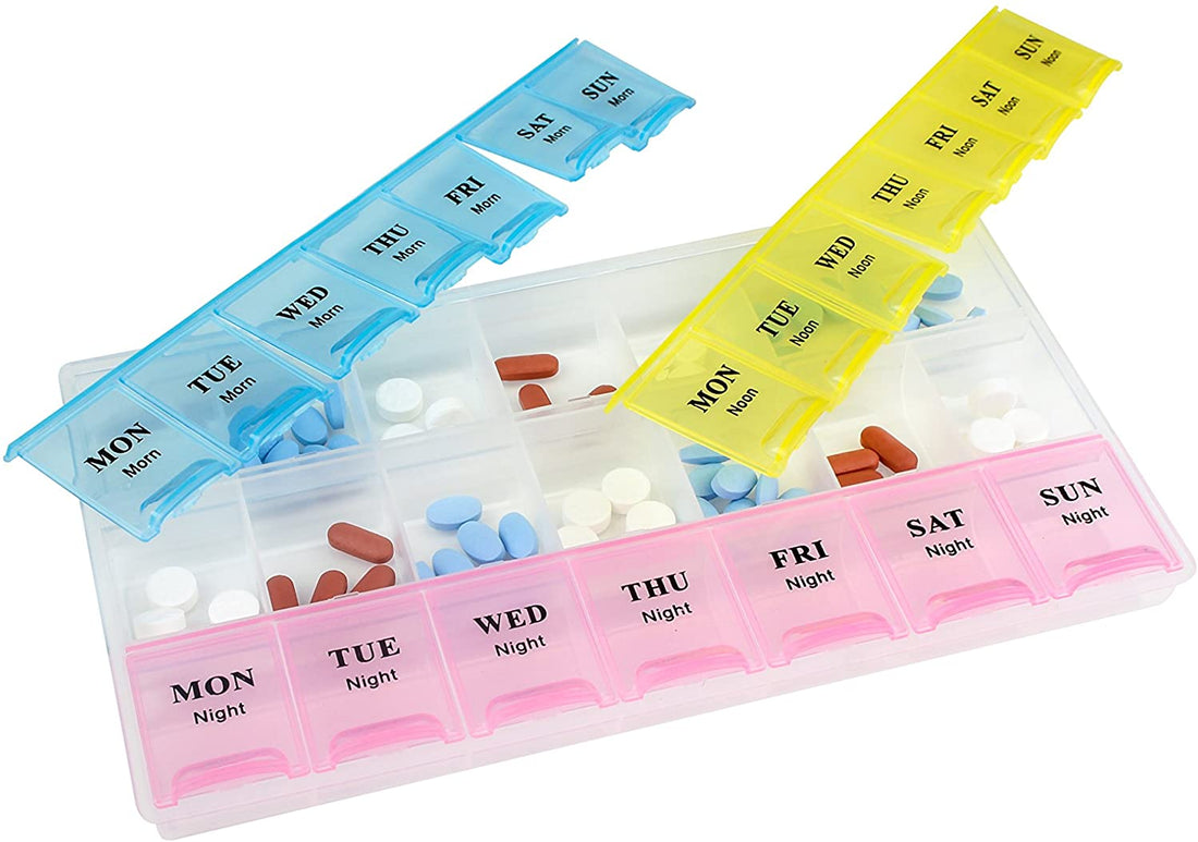 Weekly 7 Days Portable Pill Tablet Medicine Storage Organizer Box Manager, 21 Grids Morning, Noon & Night Weekly Planner For Medicine, Pill Box