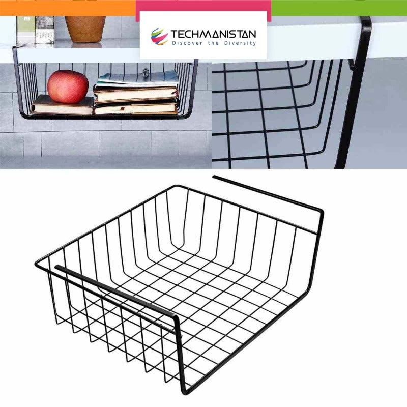 Multi-Purpose Metal Hanging Under Shelf Storage Basket in black and white, perfect for kitchen organization.