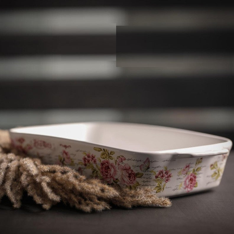 Random Print - 12" Long Rectangular Ceramic Tray, Oven Safe Ceramic Dish