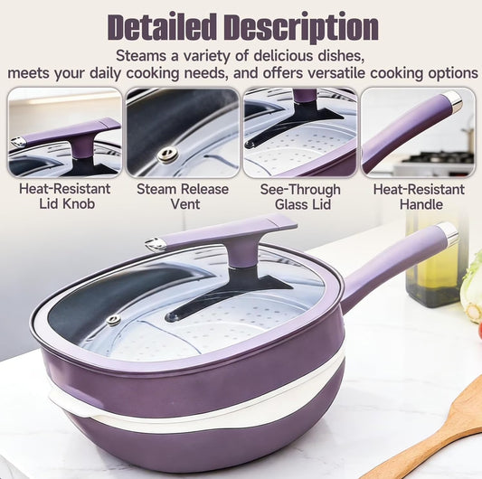 12-Inch Titanium Alloy Nonstick Pot with Lid & Steamer – Purple