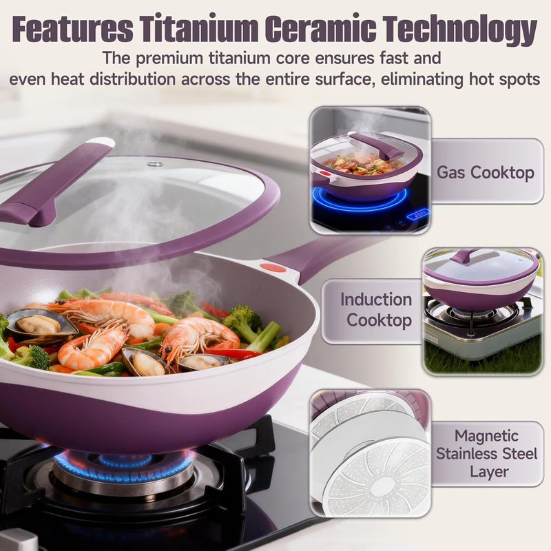12-Inch Titanium Alloy Nonstick Pot with Lid & Steamer – Purple