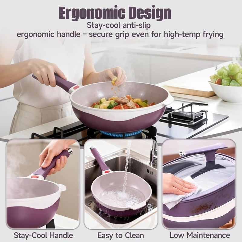 12-Inch Titanium Alloy Nonstick Pot with Lid & Steamer – Purple