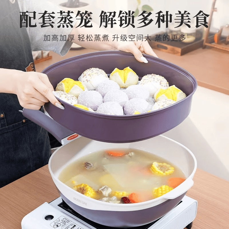 12-Inch Titanium Alloy Nonstick Pot with Lid & Steamer – Purple