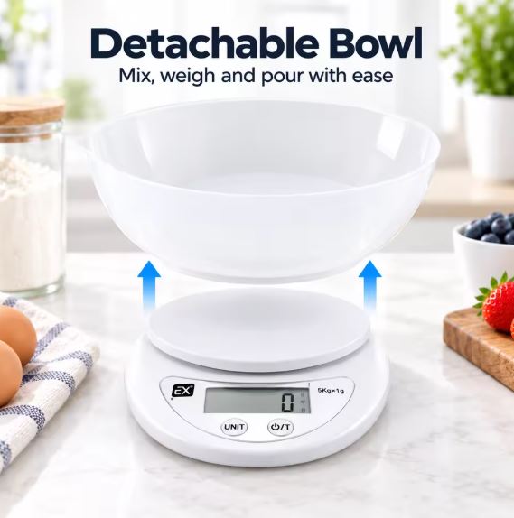 Electronic Kitchen Scale with Removable Bowl, 5 kg